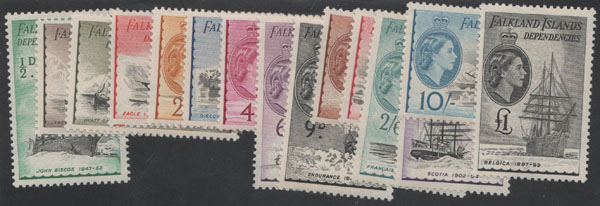 Aron R. Halberstam Philatelists Ltd.; British Commonwealth Stamps: FALKLAND ISLANDS - QEII; Scott: 1L19-33; SG: G26-40; Condition: VF LH